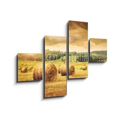 Obraz čtyřdílný 4D - 120 x 90 cm - Field of freshly bales of hay with beautiful sunset Pole čerstvých balíků sena s krásným západem slunce