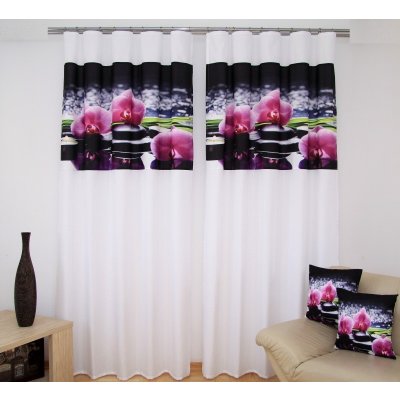 Bílá luxusní záclona s černým motivem růžových orchidejí – Zboží Mobilmania