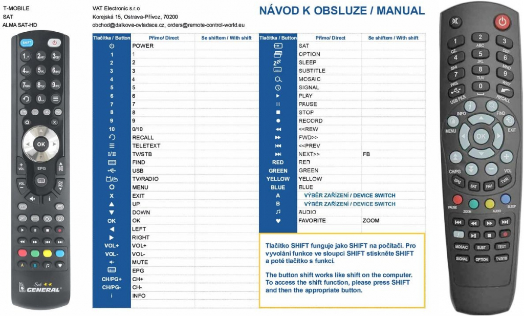 Dálkový ovladač General T-MOBILE Alma SAT-HD