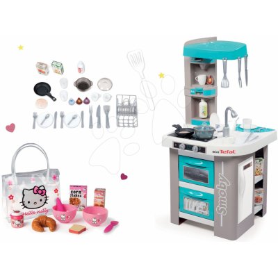 Smoby set elektronická kuchyňka Tefal Studio Bubble tyrkysová a snídaňový set Hello Kitty v taštičce 311023-2