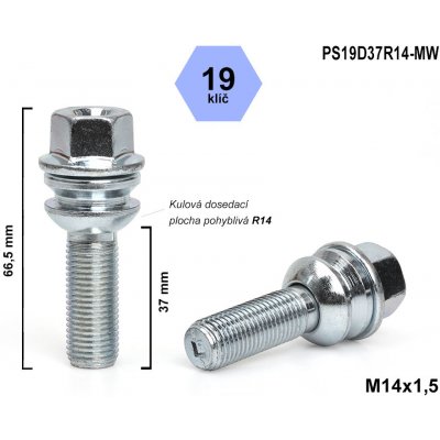 Kolový šroub M14x1,5x37 kulový R14 pohyblivá plocha, klíč 19, PS19D37R14-MW, výška 66,5 | Zboží Auto