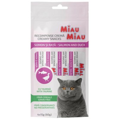 Miau Miau Creamy Snacks Cat losos a kachní 4 x 15 g – Zboží Mobilmania