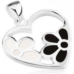 Šperky eshop Přívěsek stříbro 925 kontura srdce s květy bílá perleť a černá glazura SP62.16 – Hledejceny.cz