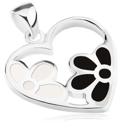 Šperky eshop Přívěsek stříbro 925 kontura srdce s květy bílá perleť a černá glazura SP62.16 – Hledejceny.cz