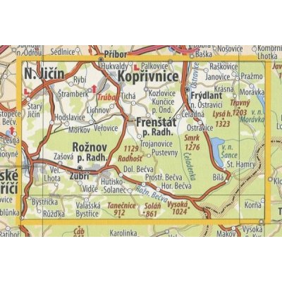 KČT 96 Moravskoslezské Beskydy - nástěnná turistická mapa 90 x 60 cm Varianta: mapa v dřevěném rámu, Provedení: Ticiago bílý – Hledejceny.cz