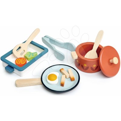 Leaf Toys Tender Pots and Pans dřevěné nádobí s pánví s vařečkou a potravinami