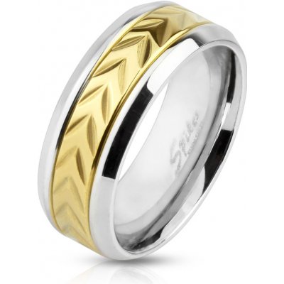 Šperky Eshop ocelový prsten pás se zářezy ve zlaté barvě úzké linie na okrajích ve stříbrné barvě E11.14 – Zboží Mobilmania