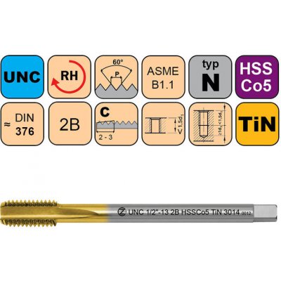 NÁSTROJE CZ Závitník strojní UNC 5/8"-11 2B HSSCo5 TiN DIN 376 C - CZZ3014-UNC-5/8"-11-2B – Hledejceny.cz