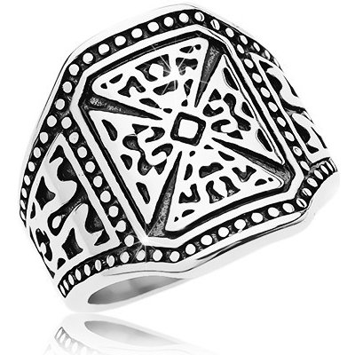 Šperky eshop Mohutný prsten stříbrné ocel 316l maltézský kříž zdobená ramena AB35.12