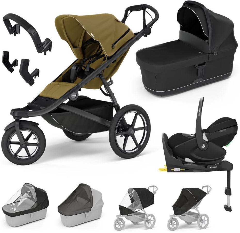 THULE Trojkombinace 10v1 Urban Glide 3 + Bassinet + příslušenství 2024 + Maxi-Cosi Pebble 360 PRO + základna FamilyFix 360 PRO Nutria Green