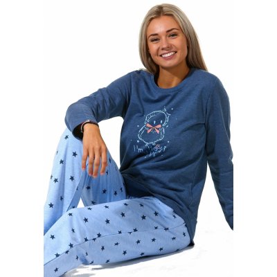 Tmavě modré hvězdičkové super teplé pyžamo z bavlny na zimu pro ženy se Sovičkou 1B1811 modrá – Zboží Mobilmania