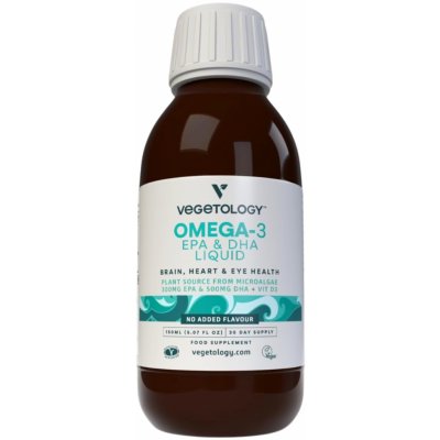 Vegetology | Tekutý Omega-3 EPA a DHA - Opti3 + vit. D3, bez příchutě - 150 ml bez příchutě, pro podporu zdraví srdce, mozku a zraku - 150 ml