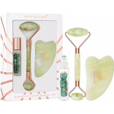 Crystallove Jade Beauty Set Sada na obličej: masážní roller + kámen Gua Sha + lahvička na olej – Zbozi.Blesk.cz