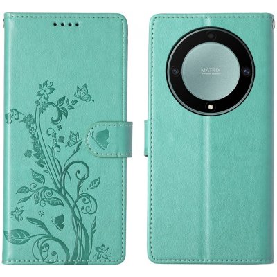 Flowers knížkové pouzdro na Honor Magic 8 Lite 5G - modrozelené – Zboží Živě