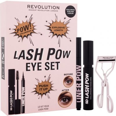 Makeup Revolution London Lash Pow Eye odstín Super Black řasenka 5D Lash Pow Mascara 12,2 ml + oční linky Liner Pow 0,5 ml Black + kleštičky na řasy dárková sada – Zboží Mobilmania