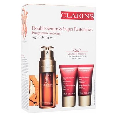 Clarins Double Serum & Super Restorative Age-Defying pleťové sérum Double Serum 50 ml + denní pleťový krém Super Restorative Day 15 ml + noční pleťový krém Super Restorative Night 15 ml dárková sada – Zbozi.Blesk.cz