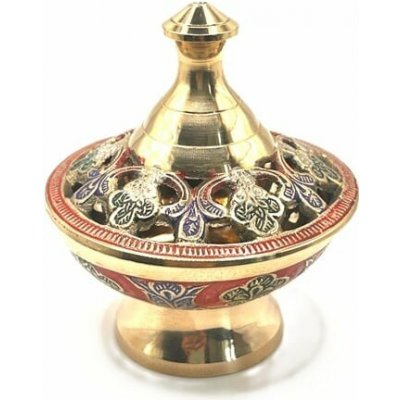 Orientální kadidelnice na nožce – zlatá s barevným dekorem – Sleviste.cz