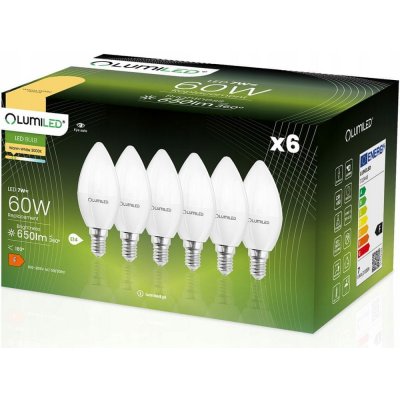 Lumiled 6x LED žárovka E14 svíčka 7W = 60W 650lm 3000K Teplá bílá 180°