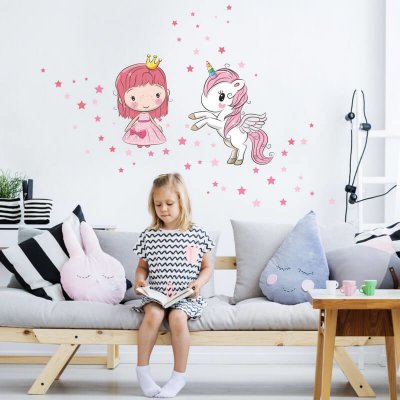 INSPIO Samolepky na zeď pro holčičky - Princezna a jednorožec, velikost 90 x 80 cm, 3646f