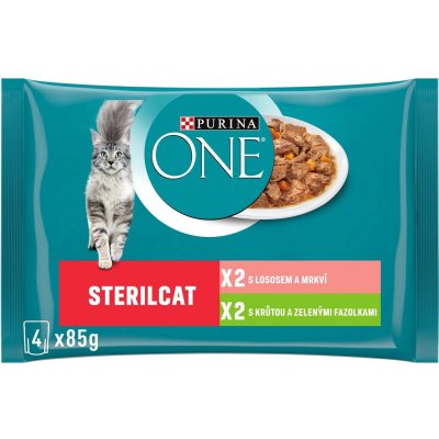 Purina One Sterilcat s krůtou a zelenými fazolkami s lososem a mrkví ve šťávě 4 x 85 g – Zbozi.Blesk.cz