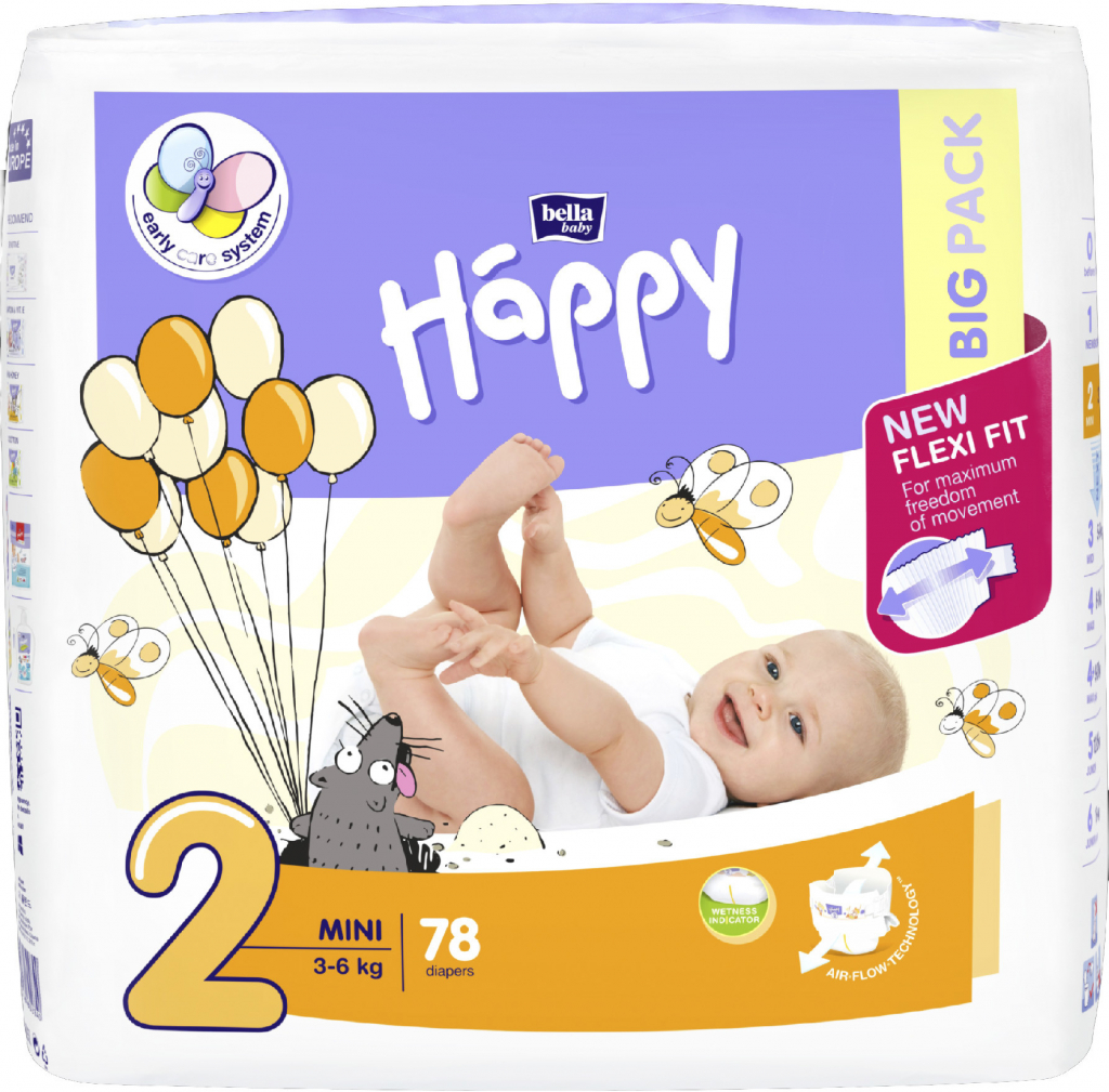 bella baby Happy Mini s indikátorem moči 2 3-6 kg BickPack 78 ks