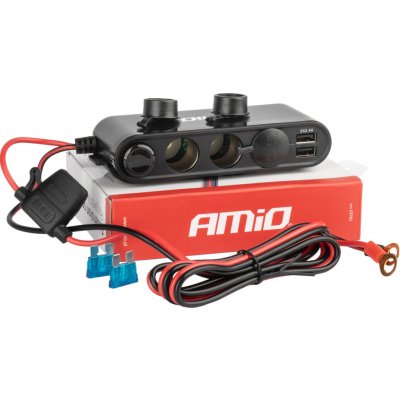 Amio Rozbočovač do auta 3x12/24V | 2x USB 4.8A | 1x USB QC3.0 | 1x USB-C PD30W + integrovaný voltmetr – Hledejceny.cz