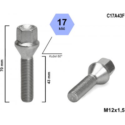 Kolový šroub M12x1,5x43 kužel, klíč 17, C17A43F, výška 70 mm