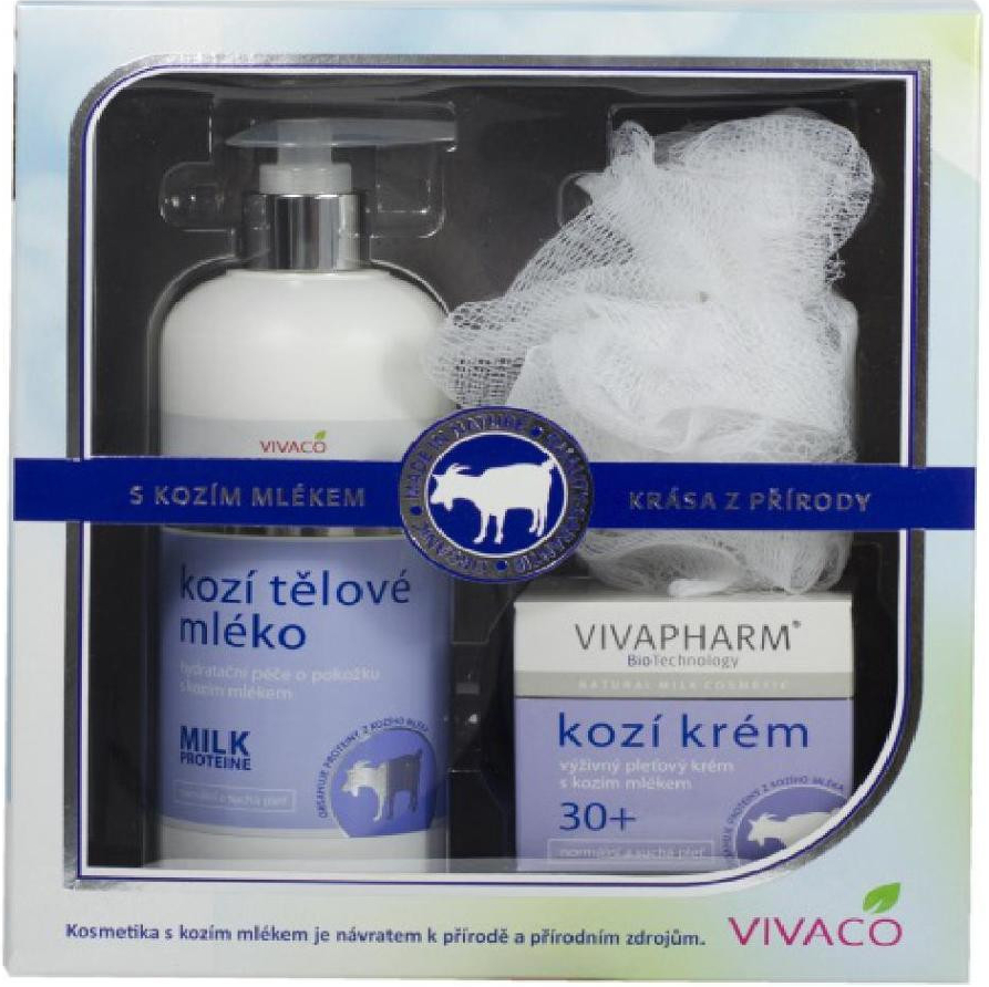 Vivapharm Pleťový krém s kozím mlékem 50 ml + Sprchový gel s kozím mlékem 400 ml + Masážní žíňka Versace Dylan Blue Pour Femme EDP 50 ml + tělové mléko 50 ml + sprchový gel 50 ml dárková