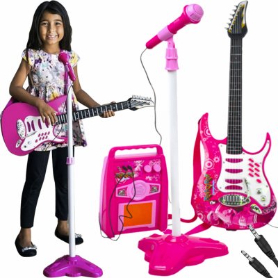 Kruzzel 22407 Dětská rocková elektrická kytara a zesilovač a mikrofon růžová – Zboží Mobilmania