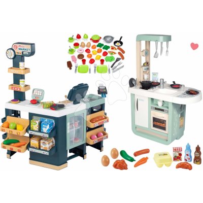 Smoby Set obchod elektronický smíšené zboží s chladničkou Maxi Market a kuchyňka Cherry se zvuky a potraviny s nádobím – Zboží Mobilmania