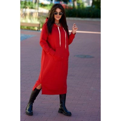 Fashion week Teplákové dlouhé zateplené šaty s kapucí K9623 červená