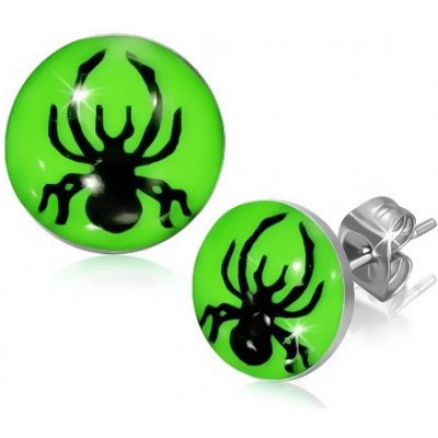 Šperky eshop kulaté z oceli černý pavouček na zeleném neonovém podkladu SP39.24