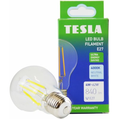 Tesla LED žárovka FILAMENT A class, E27, 4W, 840lm, 4000K denní bílá, 360st, čirá, 230V, 25 000h