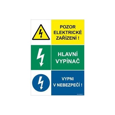 POZOR ELEKTRICKÉ ZAŘÍZENÍ - HLAVNÍ VYPÍNAČ - VYPNI V NEBEZPEČÍ, plast 1 mm, A5 – Sleviste.cz