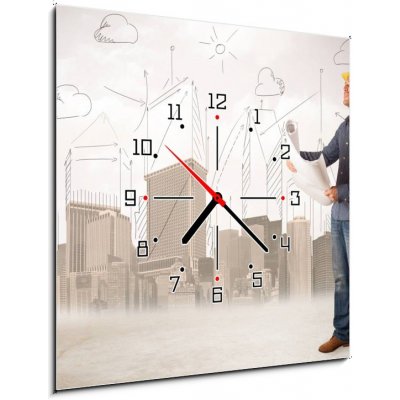 Obraz s hodinami 1D - 50 x 50 cm - Business engineer planing at construction site with city backgro Obchodní inženýr hoblování na staveništi s městským backgro – Zboží Mobilmania