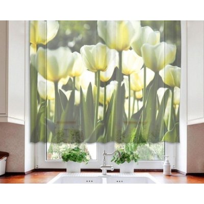DIMEX | Hotové záclony - kusová fotozáclona Bílé tulipány VO-140-012 | zelená, žlutá | 140 x 120 cm – Zboží Mobilmania