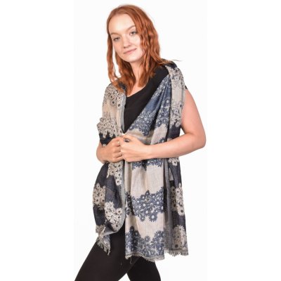 Sanu Babu šátek s kopretinami tmavě modro-béžový oboustranný třásně – Zboží Dáma