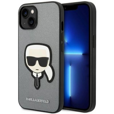 Pouzdro Karl Lagerfeld iPhone 14 Plus Saffiano Karl`s Head Patch silver