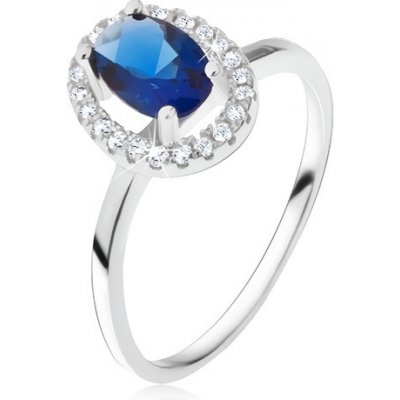 Šperky eshop prsten ze stříbra 925 oválný modrý kámen se zirkonovým rámem H18.7