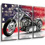 Obraz 3D třídílný - 105 x 70 cm - Custom black motorcycle with American flag background with dispersion effects. Made in America concept. 3d rendering Vlastní černý moto – Hledejceny.cz