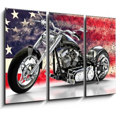 Obraz 3D třídílný - 105 x 70 cm - Custom black motorcycle with American flag background with dispersion effects. Made in America concept. 3d rendering Vlastní černý moto – Hledejceny.cz