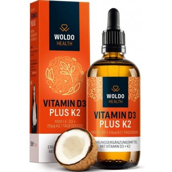 Vitamin D3 + K2 Woldohealth kapky vysoce dávkované vegetariánské K2 vitamín 99,7% MK7 All-Trans & 1.000 I.U. D3 na kapku 50 ml