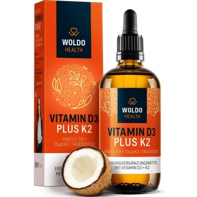Vitamin D3 + K2 Woldohealth kapky vysoce dávkované vegetariánské K2 vitamín 99,7% MK7 All-Trans & 1.000 I.U. D3 na kapku 50 ml