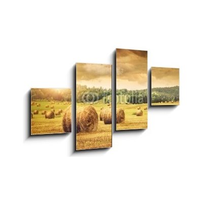 Obraz 4D čtyřdílný - 100 x 60 cm - Field of freshly bales of hay with beautiful sunset Pole čerstvých balíků sena s krásným západem slunce