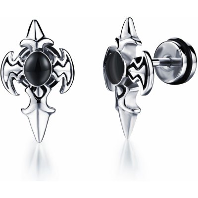 Šperky eshop ocelový falešný piercing do ucha halapartna černý ornament stříbrná SP25.15