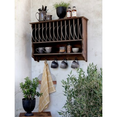 Hnědá antik dřevěná nástěnná polička s přihrádkami a háčky Plate Rack - 80*20*55 cm