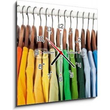 Obraz s hodinami 1D - 50 x 50 cm - Rainbow colors, clothes on wooden hangers Duhové barvy, oblečení na dřevěných věšácích