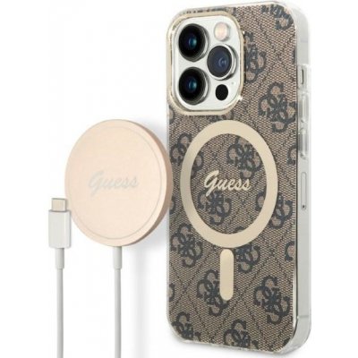 Pouzdro Guess case + charger set Apple iPhone 14 Pro 4G Print MagSafe hnědé