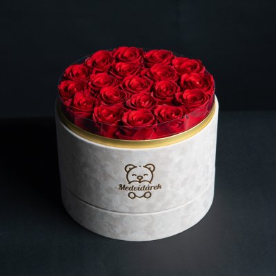 Luxusní box Medvídárek s 19 stabilizovanými růžemi – Sleviste.cz