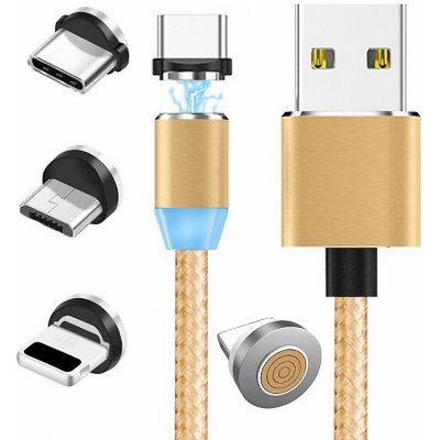 W-star MG3GD1 magnetický USB, 3v1, USBC, micro USB, lightning, 5A, Led, 1m, zlatý – Zbozi.Blesk.cz